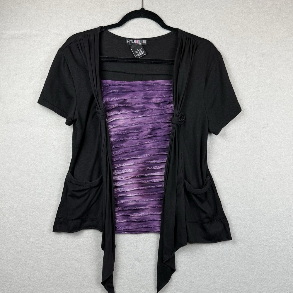 Vtg Y2K Pyramid Collection Top Black Purple 2 in 1 Layered Ruched Fairy Grunge L